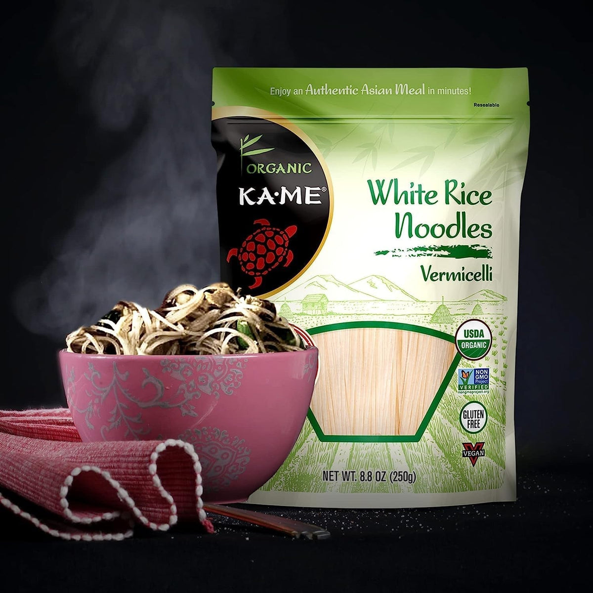 Organic Rice Noodles - Premium Quality Vermicelli - Gluten-Free, No Preservatives or MSG, a Thai and Southeast Asian Staple - Perfect for Stir-Fries, Soups, and Salads - 8.8Oz