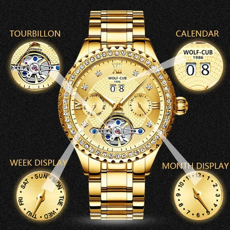 WOLF-CUB New Men Luxury Diamond Watch Full Gold Watch Tourbillon Mechanical Watch Automatic Watch Stainless Steel Waterproof Luminous Relogio Masculinos