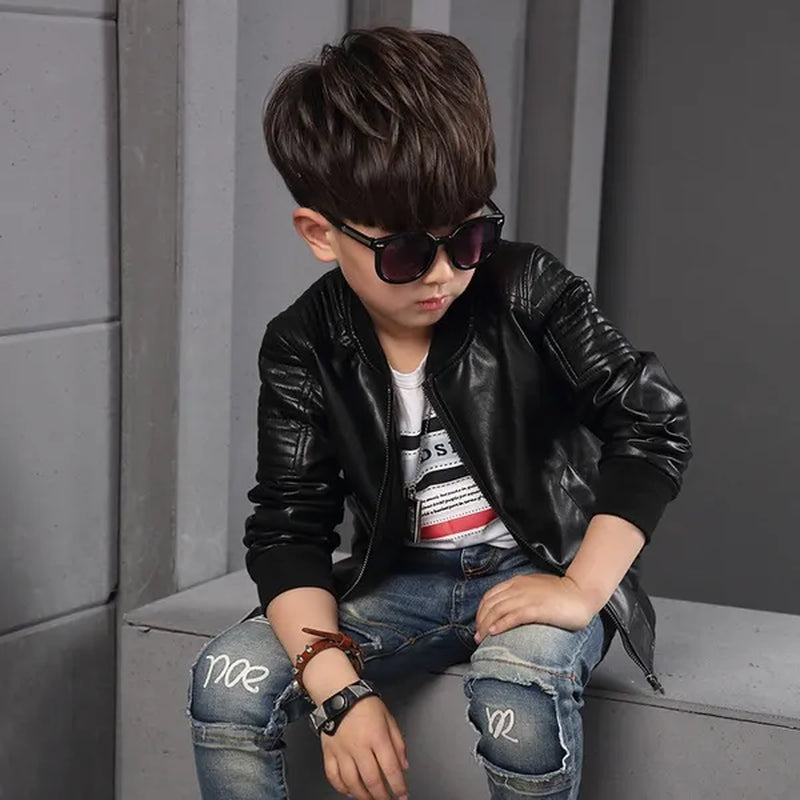 Outdoor Winter New Spring Children Boy Plus Cashmere Thick Leather Jackets Children Fashion Outerwear  (Brown Black)