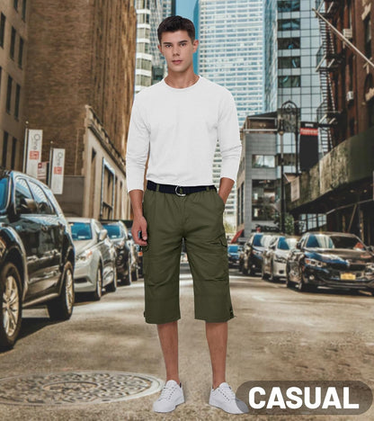 Men'S Cargo Shorts Casual Twill Elastic 3/4 Capri Pants below Knee Long Shorts with 7 Pockets