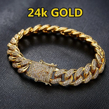 2018 Fashion Mens Womens Chain Hiphop Iced Out Curb Cuban Diamond 18K Gold / 24K Gold / 925 Silver Plated Bracelet Paved Clear Rhinestones
