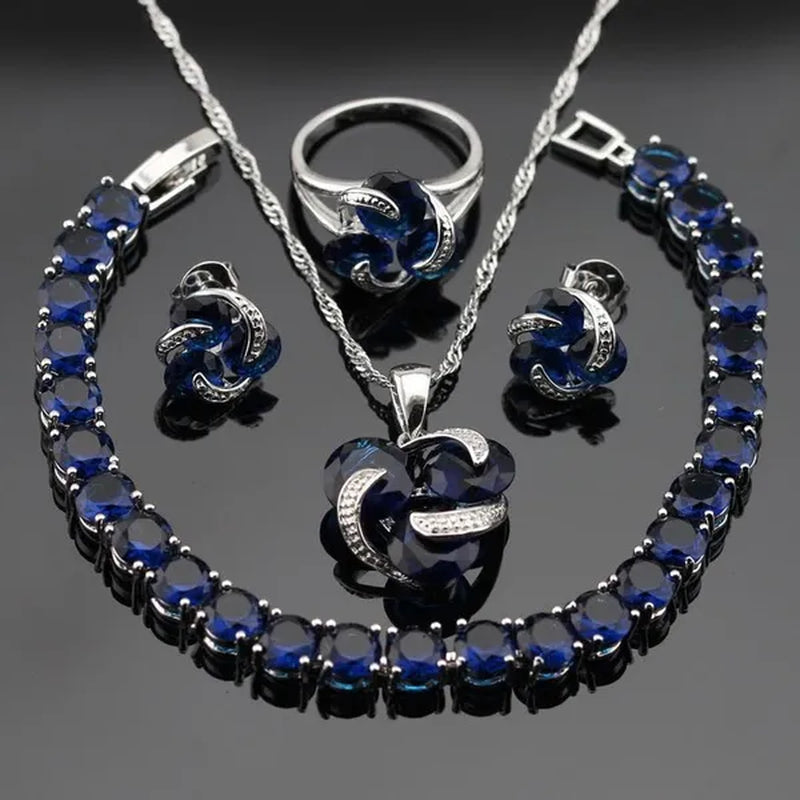Delightful 925 Sliver Jewelry Sets Blue Zircon  Necklace Pendant Earring Ring Bracelet For Women  Dating Gift