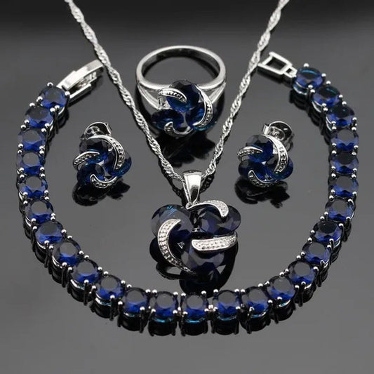 Delightful 925 Sliver Jewelry Sets Blue Zircon  Necklace Pendant Earring Ring Bracelet For Women  Dating Gift