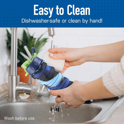 Collapsible Water Bottle - Foldable Water Bottle - Silicone Water Bottle - Travel Water Bottle Collapsible - Lightweight, Portable, Compact - Camping, Hiking, Traveling - Blue Rainbow