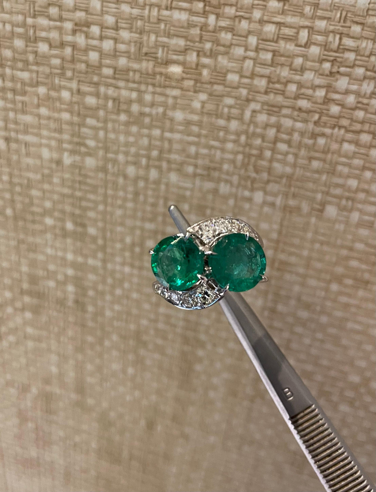 Vintage 1950s Platinum Emerald and Diamond Cluster Cocktail Ring