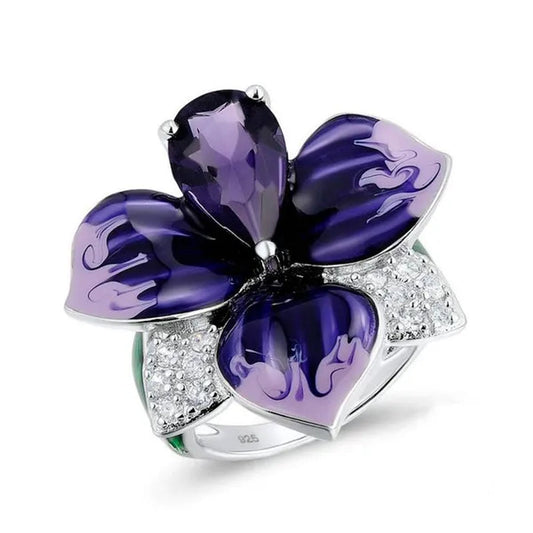 New Fashion Butterfly Flower Ring Jewelry Women 9Natural Gemstone Amethyst  Ring Anniversary Christmas Gift Bridal Engagement Wedding Ring Size US5-11