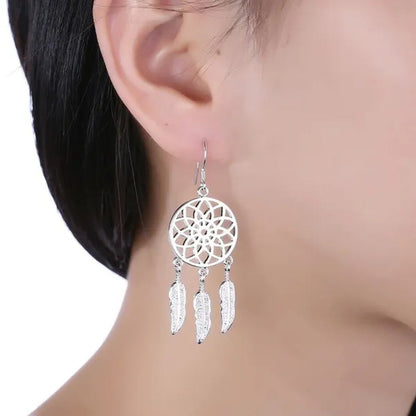 NEW 925 Sterling Silver Dreamcatcher Tassel Feather Round Bead Charm Bracelet & Bangle Earrings for Women Elegant Jewelry Set Gifts
