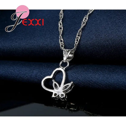 925 Sterling Silver Jewelry Set CZ Diamond Love Heart With Pretty Butterfly Pendant Necklace & Earring Wedding Party Decoration