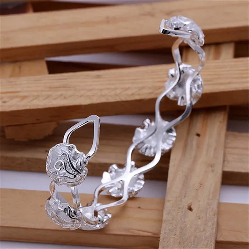 Women's Fashion 925 Sterling Silver Rose Flower Earrings Elegant Necklace Rings Bracelets Bangle Bridal Wedding Jewelry Set