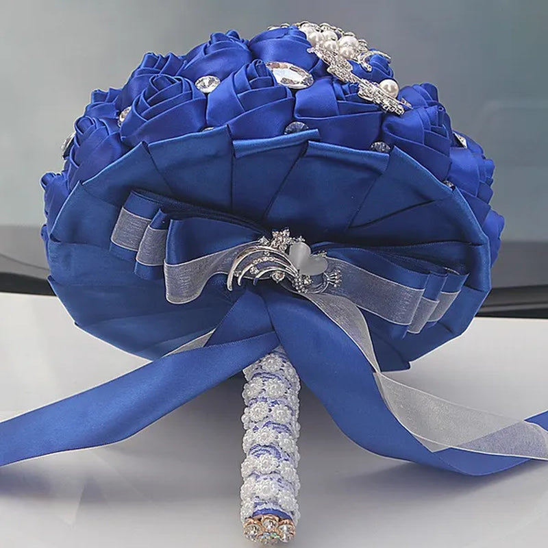 24CM Customized Silk Rose Wedding Bouquet Sapphire blue Artificial Flowers Wedding Bridal Bouquet Luxury Crystal Pearl Brooch Bridesmaid Bride Holding Flowers
