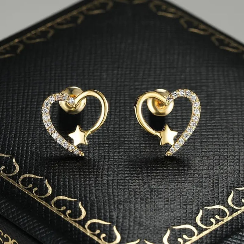 14K  Gold Love Heart Star White Zircon Stud Earrings for Women Wedding Engagement Bride Jewelry Gift
