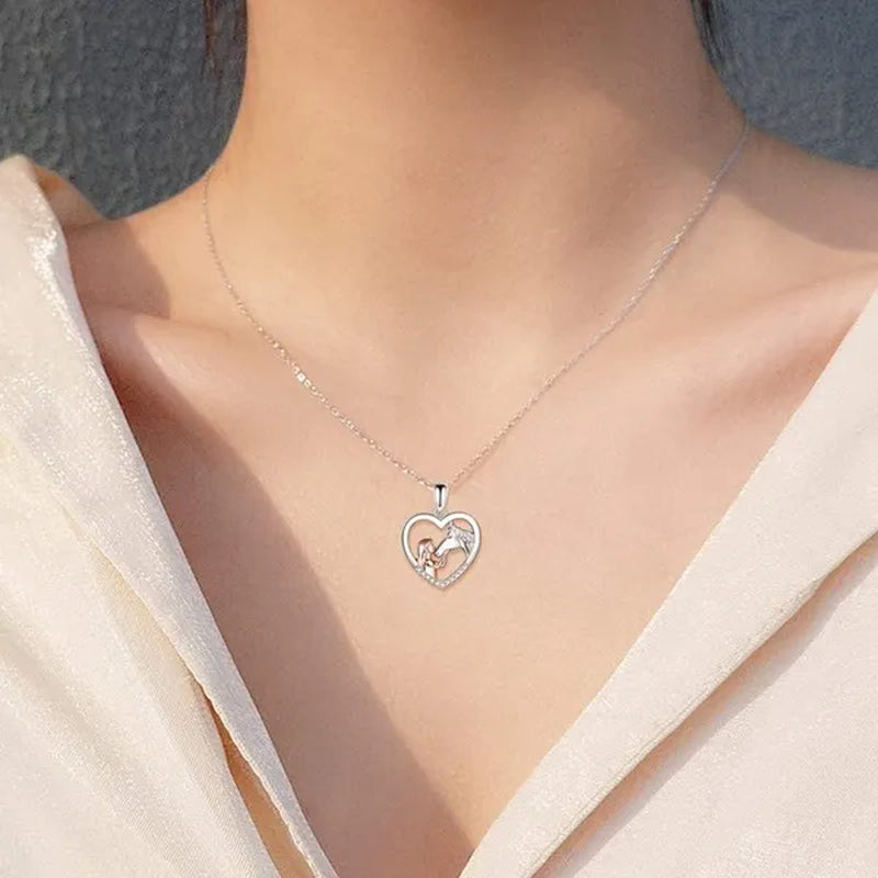 2022 New Exquisite Fashion 925 Sterling Silver Girl and Horse Necklace for Women Girls Heart Diamond Pendant Necklace Horse Jewelry for Girl Daughter Birthday Party Anniversary Gift