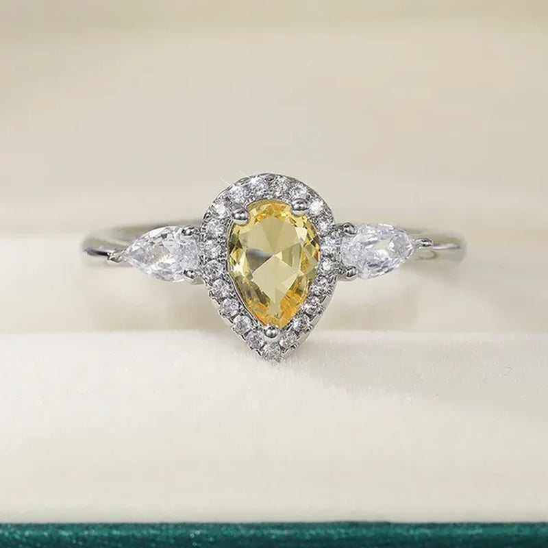 European and American New Style Simple and Fashionable Drop-shaped Inlaid Yellow Zircon Women's Ring. Fashionable Jewelry Accessories for Women's Engagement and Wedding, Valentine's Day Anniversary Gifts for Her