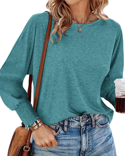 Womens Long Sleeve Tops Fall Outfits 2024 Dressy Casual Crew Neck Tee Shirts Smocked Loose Top Tunic Blouse