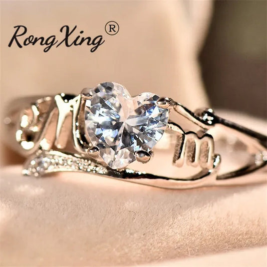 Love Mom 2ct Heart Shape Diamond/Amethyst/Emerald/Pink/Blue Sapphire/Black Diamond 925 Silver Ring Nana Ring Grandma Mum Jewelry Size 5-10