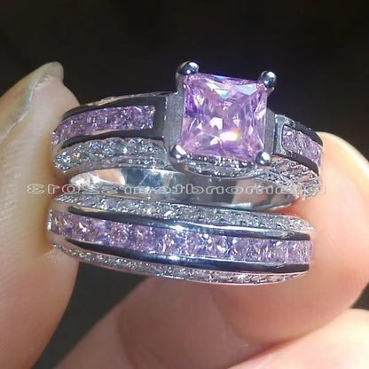 2Pcs/Set Princess Luxury 925 Silver Plated Amethyst CZ Gemstones Wedding Set Rings Size 6-11  (Choice Color and Size )