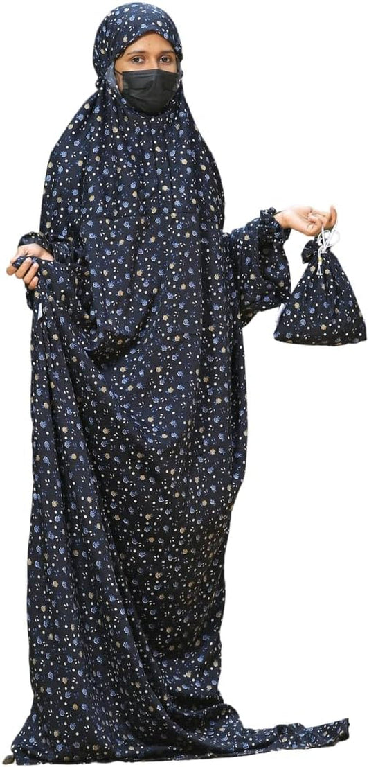 Islamic Prayer Dress for Women- Free Size, Muslim Dress with Hijab, Jilbab/Niskarakuppayam/Namaz Khimar/Prayer Clothes Niqab Khimar, Islamic Premium Prayer Clothes, Black Floral Color, 5X-Large