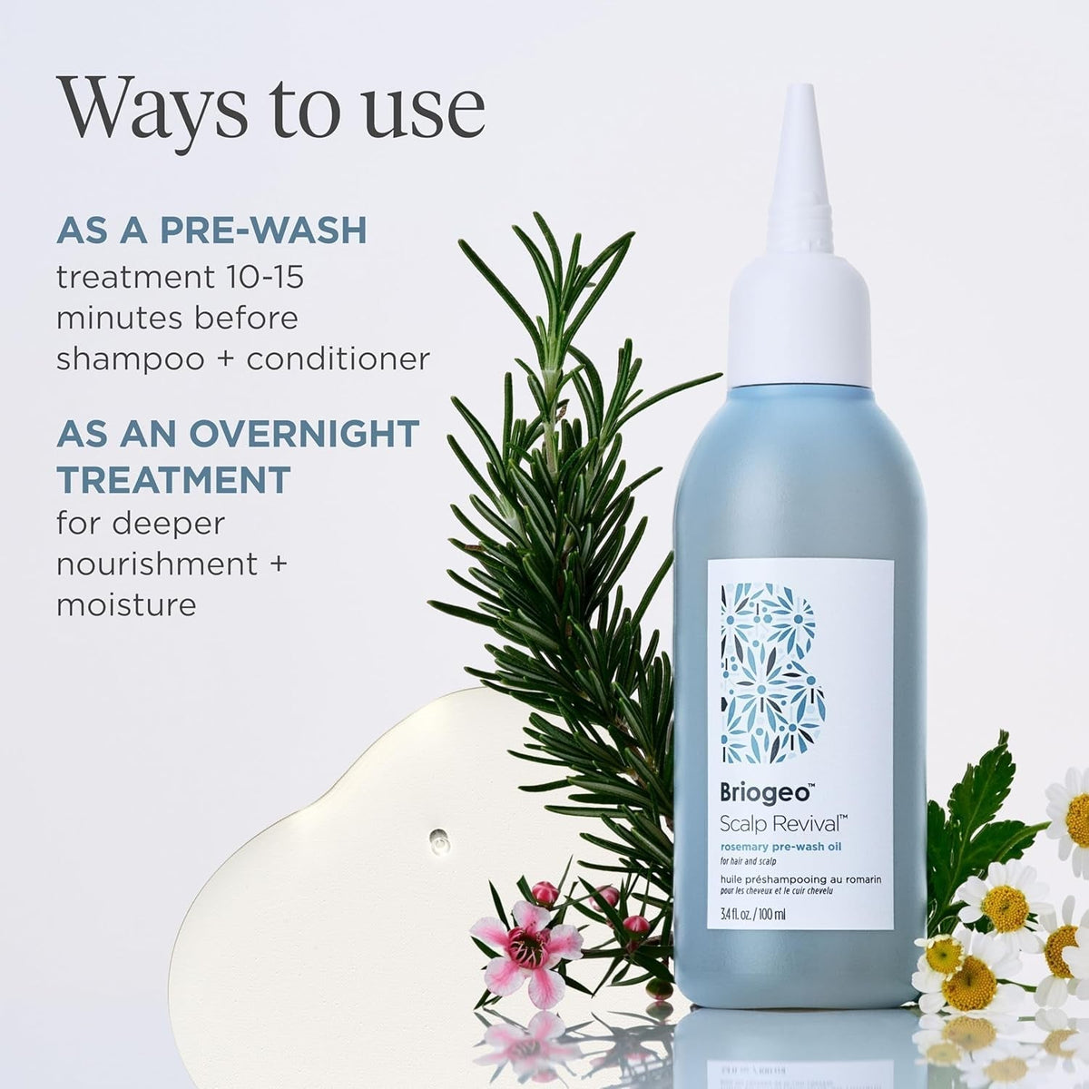 Scalp Revival Rosemary Pre-Wash Oil, Hair and Scalp, Dry Scalp Treatment for Stronger and Longer Hair, Soothe Dry Scalp, Lipids and Vitamins, Deep Moisture, Vegan, Cruelty-Free, 3.4 Fl Oz