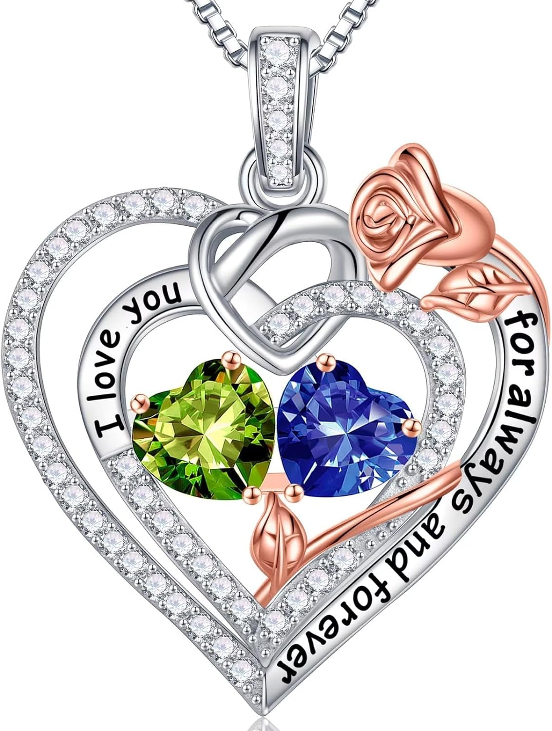 Rose Heart Necklace Gifts for Wife Women - 925 Sterling Silver Double Birthstone Necklace, Anniversary Birthday Gifts for Women, Jewelry Gifts for Wife Girlfriend Mom Her