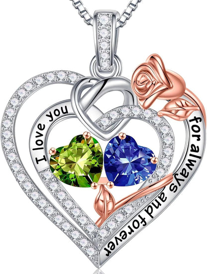 Rose Heart Necklace Gifts for Wife Women - 925 Sterling Silver Double Birthstone Necklace, Anniversary Birthday Gifts for Women, Jewelry Gifts for Wife Girlfriend Mom Her