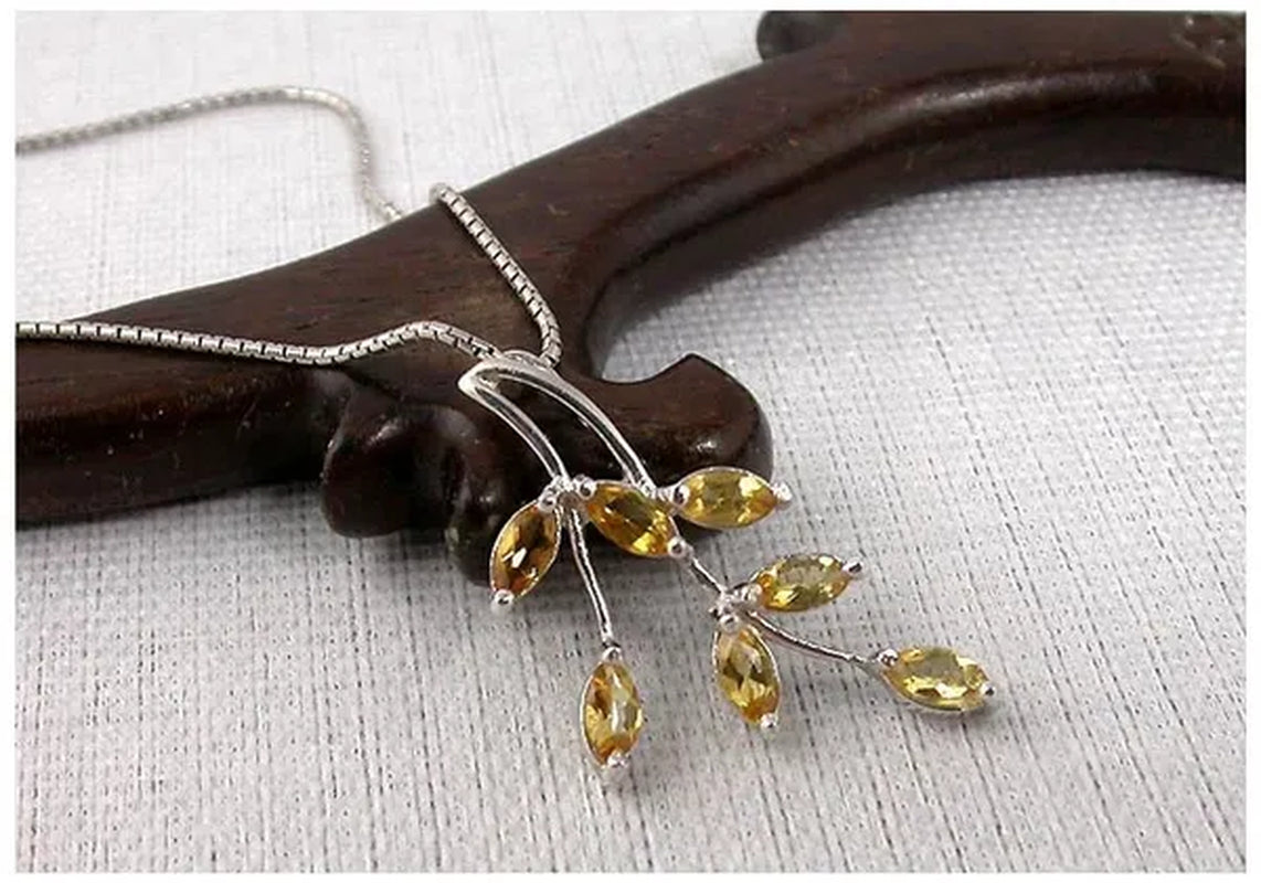 Beautiful leaf shape yellow crystal jewelry sets ring pendant necklace pure 925 silver citrine peridot fine jewelry for party