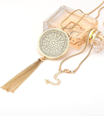 Long Necklaces for Woman Disk Circle Pendant Necklaces Tassel Fringe Necklace Set Statement Pendant