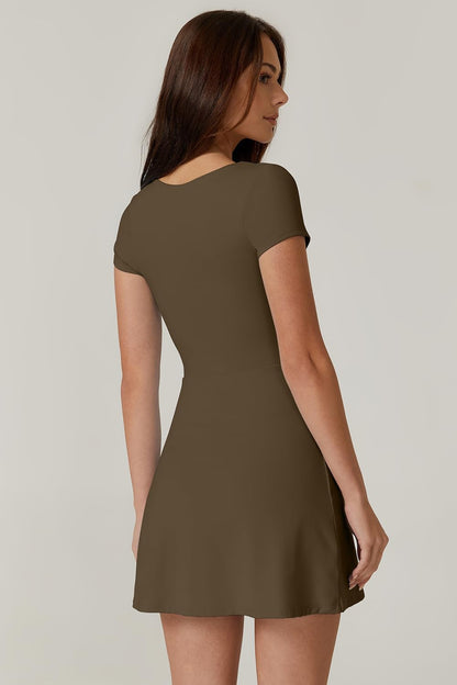 Womens Square Neck Tennis Dress Short Sleeve Built in Shorts Golf Athletic Dress with Pockets