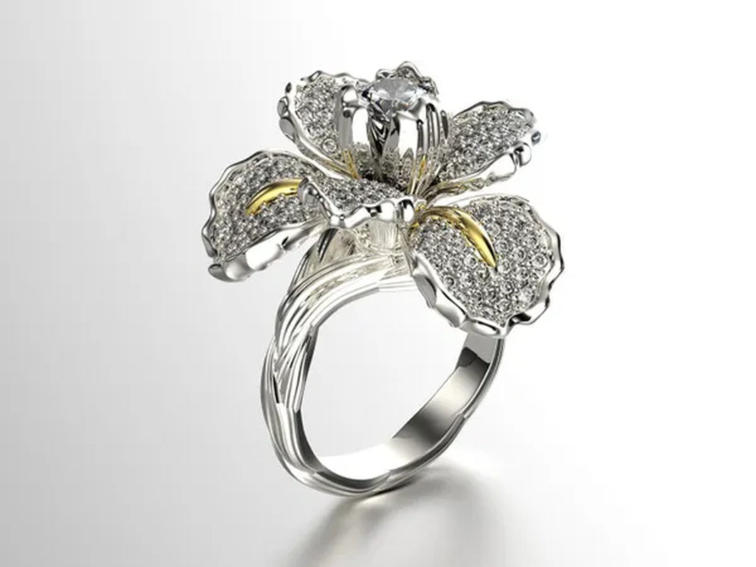 Silver Ring Iris Flower Two Tone Ring Blue Sapphire Flower Engagement Cocktail Ring Statement Crown Ring Natural Gemstones Ring Wedding Bride Engagement Band Charm Party Ring Jewelry