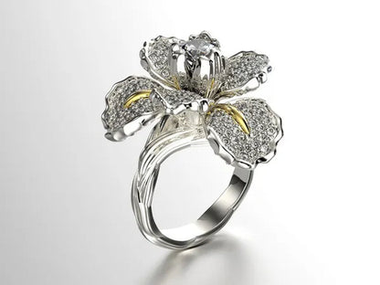 Silver Ring Iris Flower Two Tone Ring Blue Sapphire Flower Engagement Cocktail Ring Statement Crown Ring Natural Gemstones Ring Wedding Bride Engagement Band Charm Party Ring Jewelry