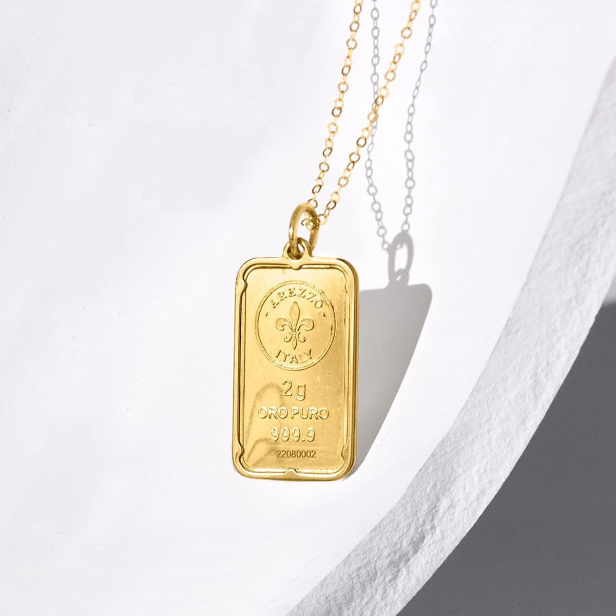 Italian 24Kt Yellow Gold Fleur-De-Lis 2-Gram Ingot Pendant Necklace with 14Kt Yellow Gold Frame. 20 Inches