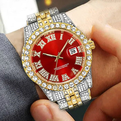 Full Bling Gold Large Diamond Watch For Men ICED-Out Hip Hop Mens Quartz Watches Waterproof Date Male Clock Gold Steel Relogio