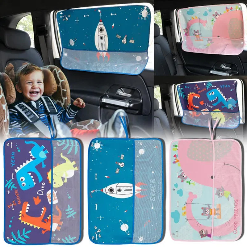 Car Sun Shade Cover Cartoon Side Window Curtain Sunshade Visor Heat Shield UV Protector For Kid Baby Children W/ Storage Net