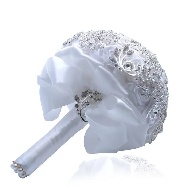 18CM Luxury Full Diamond Wedding Bouquet Shiny Crystal Brooch Bridal Bouquet Satin Ribbon Roses Wedding Flowers Bride Holding Flowers