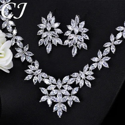 CANDICE High Quality White Gold Plated Wedding Jewelry Set Pave Luxury CZ Stone African Nigerian Big Flower Dangle Earrings Necklace for Bride