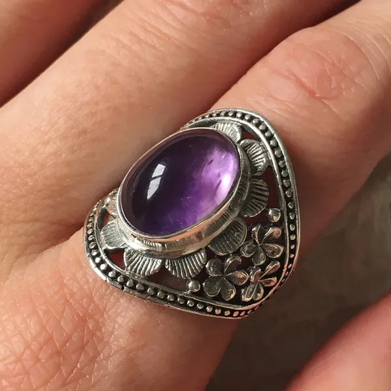 Exquisite Woman Fashion Vintage  Wide Edge Engraved Flower Ring Natural Amethyst Gemstone Ring Engagement Party Bride Wedding High Jewelry Christmas Valentine's Day Gift Ring Size US4-12