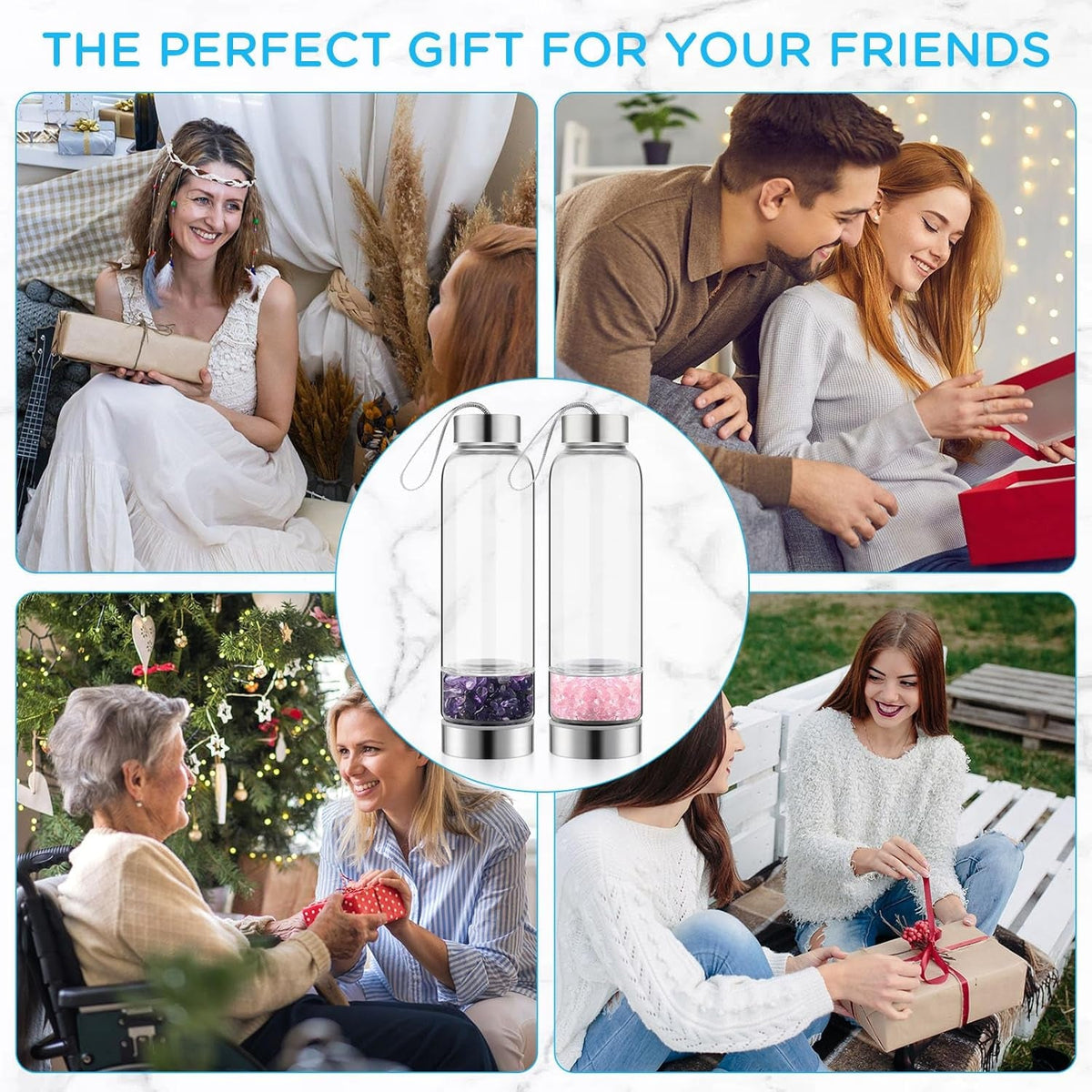 2 Pieces Crystal Glass Water Bottle with Gemstone Center Natural Amethyst and Rose Quartz Clear Water Bottle Quartz Crystal Cup Energy Cup for Healing and Wellness