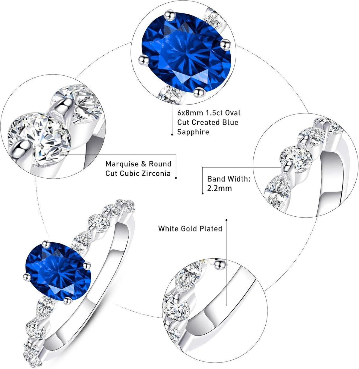 1.5Ct White Gold Plated Silver Engagement Ring for Women Oval Cut Cubic Zirconic Engagement Ring CZ Wedding Ring for Women Promise Rings Band Width 2.2Mm Size 5-9