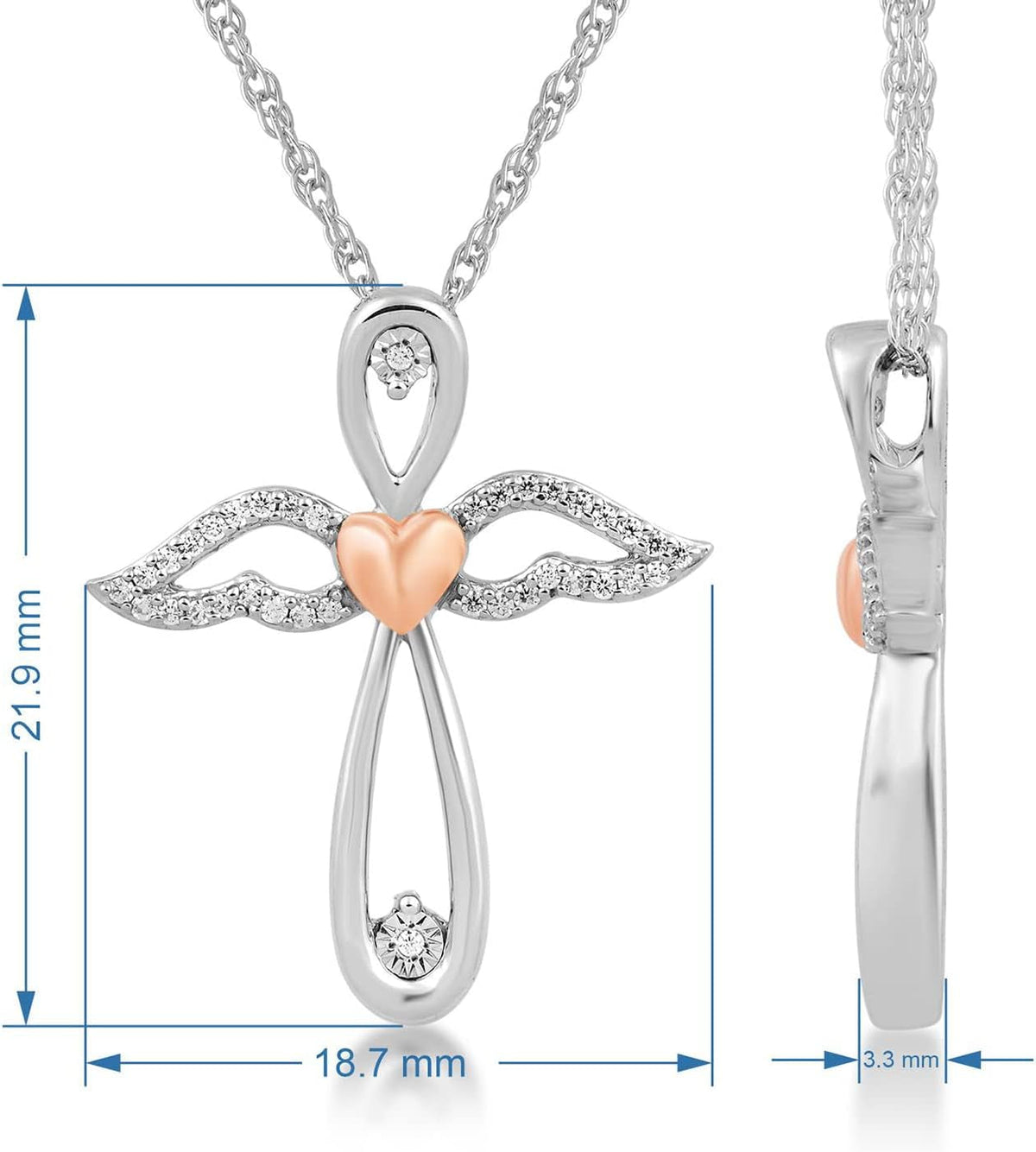 14K Rose Gold over Sterling Silver 1 Cttw Natural White round Diamonds Angel Wing Cross Pendant Eternal Treasures Necklace, 18" Rope Chain