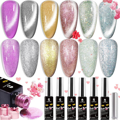 Cat Eye Gel Nail Polish Set of 12 Colors Magnetic Nail Polish Set Holographic Glitter 9D Galaxy Series Cat Eye Gel Polish Set with 2 Magnet Stick for Home DIY Soak Off UV LED