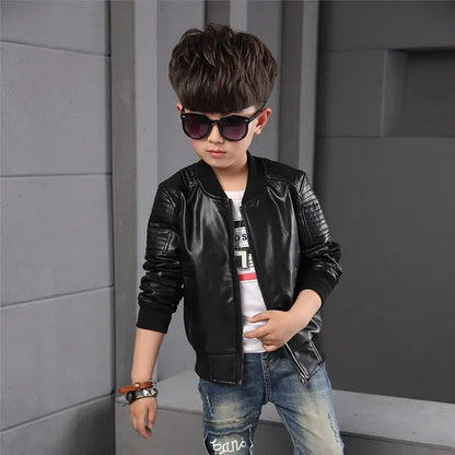 Outdoor Winter New Spring Children Boy Plus Cashmere Thick Leather Jackets Children Fashion Outerwear  (Brown Black)