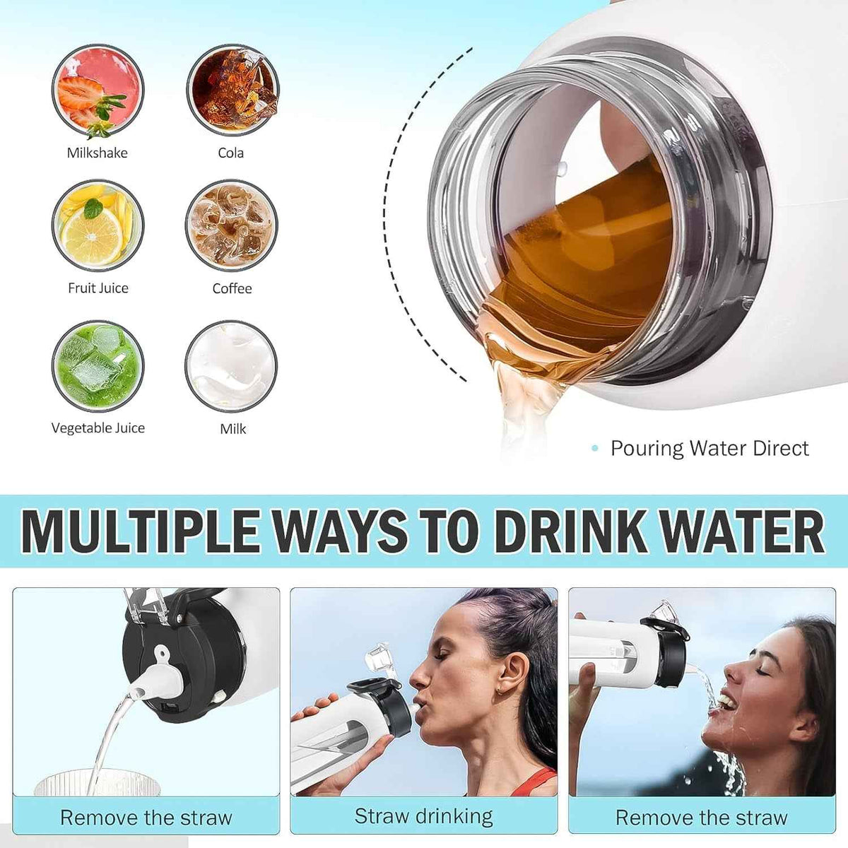 Water Bottle with Straw and Carry Handle, Glass Water Bottle 24 Oz Leak Proof Locking Lid with Soft Silicone Spout, Small Clear Water Bottle, Travel Sports Water Jug, Time Marker, White
