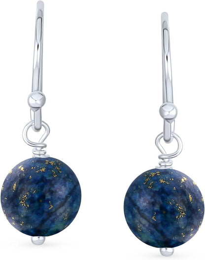 Simple Basic Gemstone round 8MM Bead Ball Drop Dangle Earrings for Women Teen Secure French Fish Hook Wire .925 Sterling Silver Birthstones More Colors