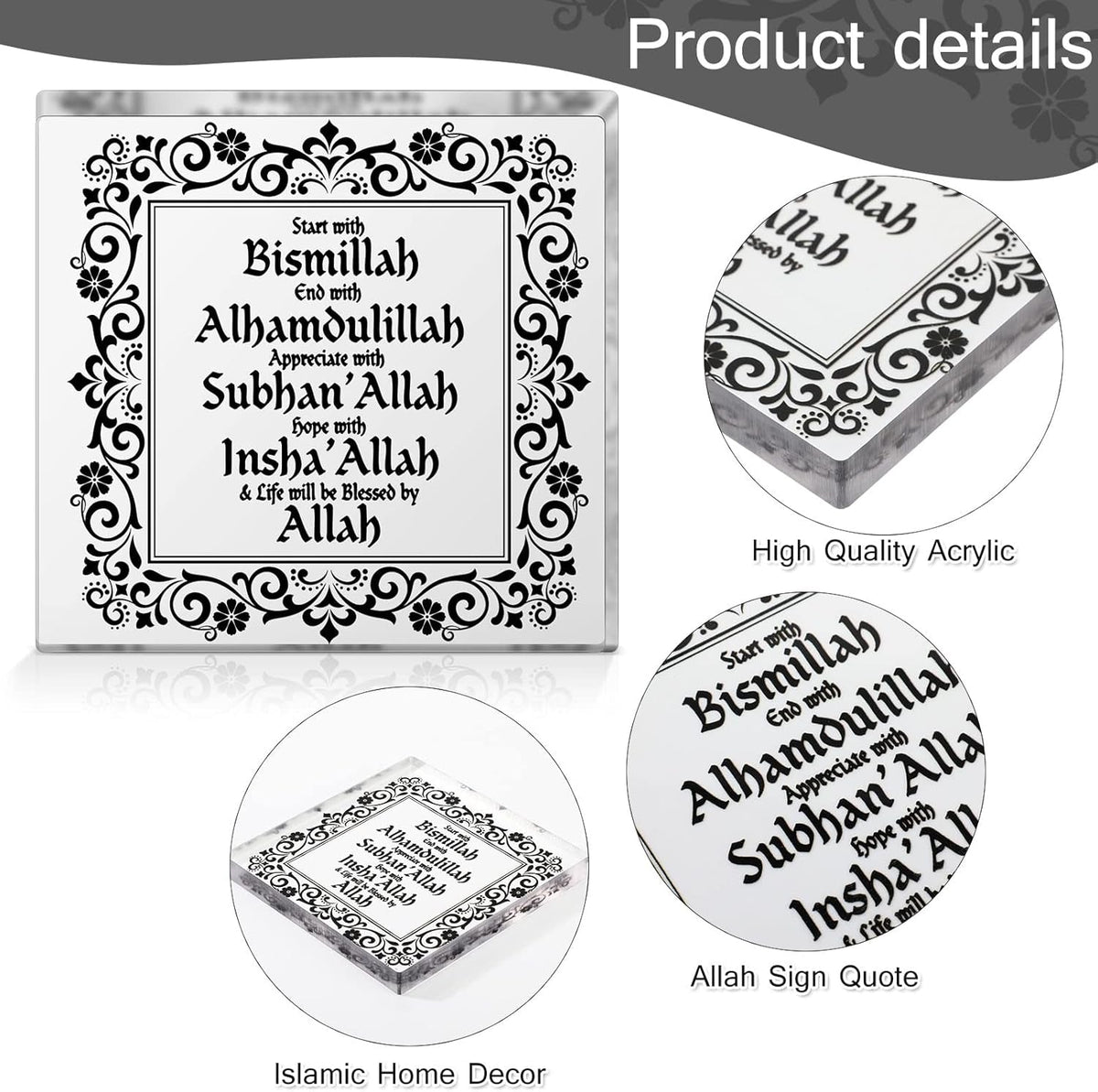 Islamic Acrylic Decor Eid Ramadan Mubarak Table Decor Start and End with Allah Appreciate Hope with Allah Acrylic Sign Desktop Ornament Arabic Ramadan Tree Decoration Birthday Gift(Black)