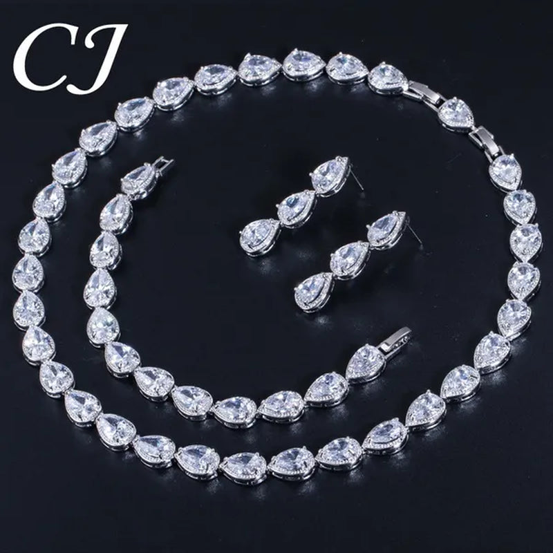 CANDICE Classic Zirconia Wedding Jewelry Sets For Bridal Luxury Teardrop CZ Stone White Gold Plated Party Chocker Necklace Earrings and Bracelet Set