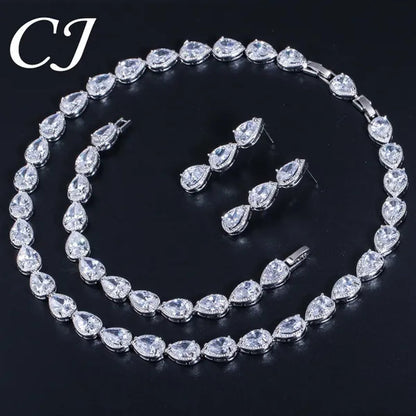 CANDICE Classic Zirconia Wedding Jewelry Sets For Bridal Luxury Teardrop CZ Stone White Gold Plated Party Chocker Necklace Earrings and Bracelet Set