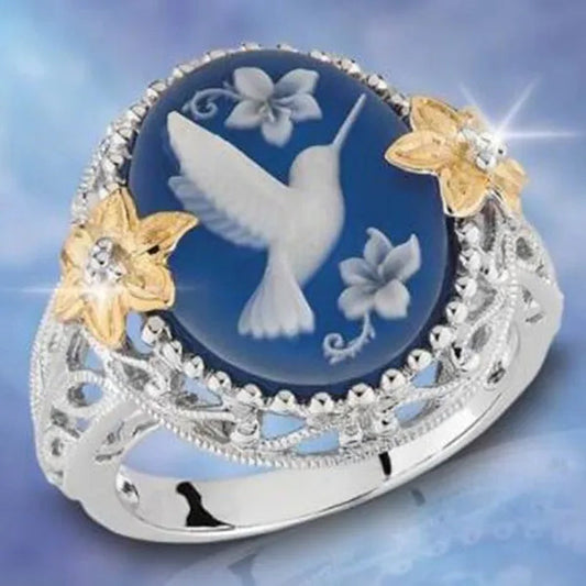 Exquisite Bridal  Ring White Bird Pigeon Dove Blue Wax zircon Jewelry  Flower Exaggerated Engagement Cocktail Party Wedding Band Rings for Women