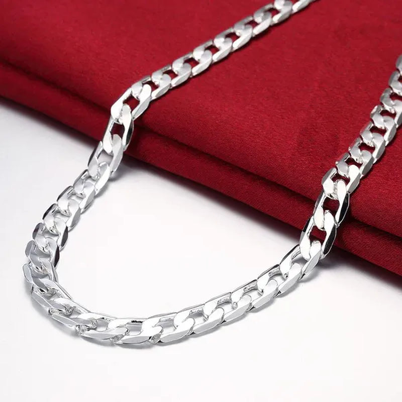 2PCS (Bracelet + Necklace) 925 Sterling Silver Smooth Flat Sideways Chain Necklace Fashion Luxury Exaggerated 16"-30" Fashion Exquisite Jewelry Sets for Women and Men