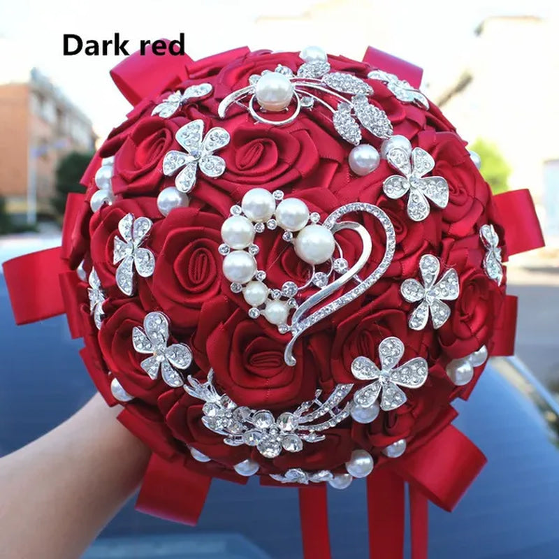 18CM Crystal Wedding Bouquets 100% Handmade Durable Holding Artificial Flowers Diamond Brooch Pearl Bridal Bouquets