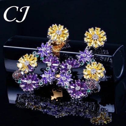 CANDICE Noble Purple Crystal Big Long Dropping Earrings Setting White Gold Plated Yellow Cubic Zirconia Graceful Floral Women Prom Party Jewelry With Sterling Silver Plated