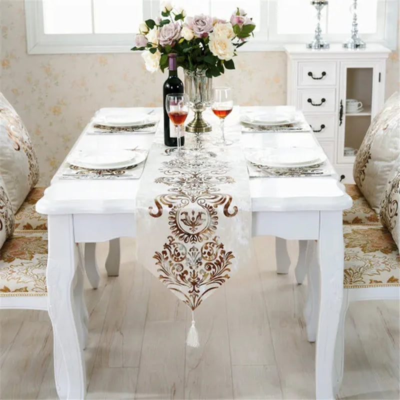 European Table Runner Modern Luxury Brocade Table Runner with Tassel Classic Decoration for Cabinets and Dining Table
